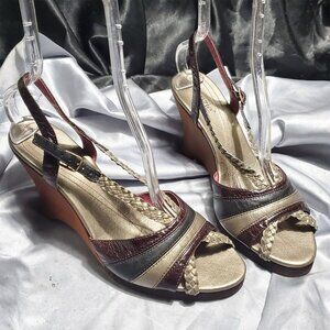 KENZIE BOHO gold maroon black platform wedge heel sandals EMILIA SZ 10